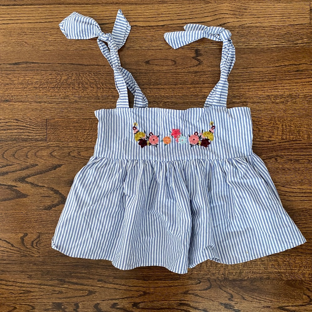 Zara Women's Tank Top Blouse Shirt Blue White Stripe & Embroidered